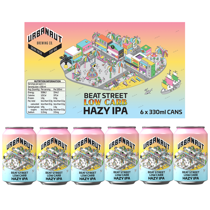 1 x 6-pack box and 6 x 330ml cans of Beat Street Low Carb Hazy IPA craft beer from Urbanaut Brewery.