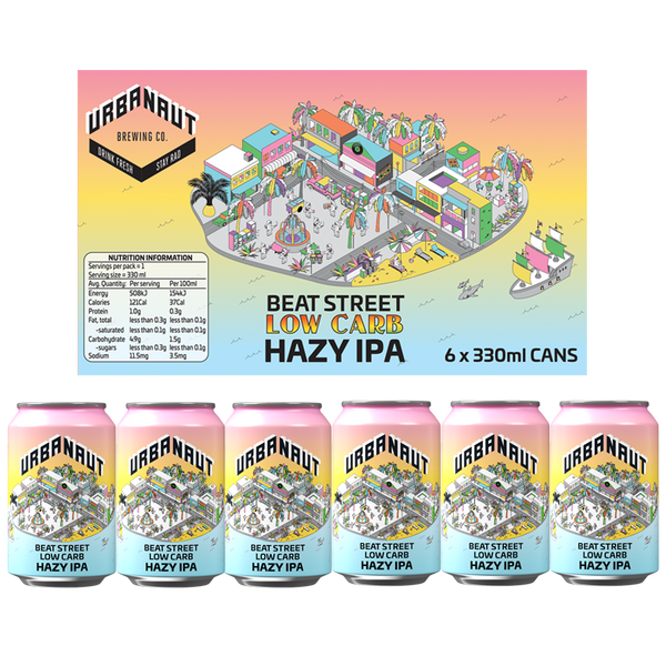 1 x 6-pack box and 6 x 330ml cans of Beat Street Low Carb Hazy IPA craft beer from Urbanaut Brewery.