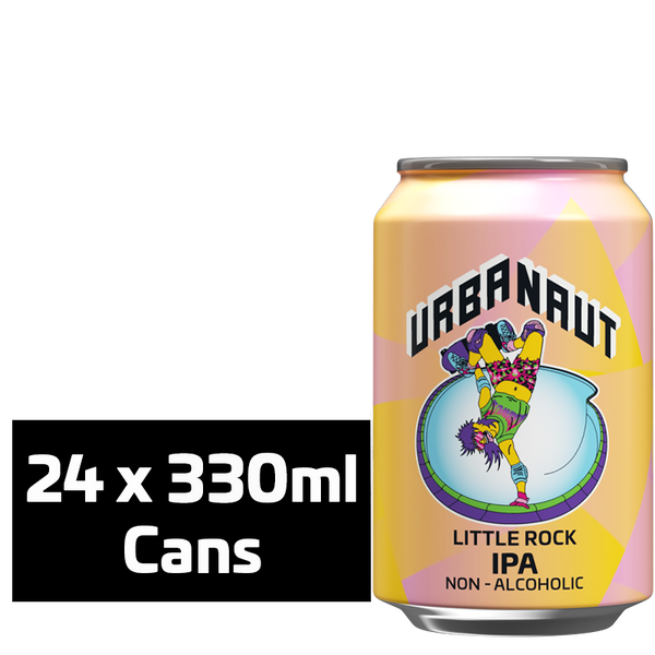 A can of Little Rock Non-Alcoholic IPA craft beer and the text '24 x 330ml Cans' from Urbanaut Brewery.