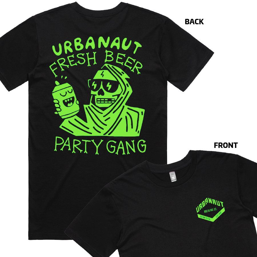 A picture of a black short-sleeved t-shirt with a neon green design on the back of a reaper drinking a beer and an inset picture of the front of the t-shirt with the Urbanaut logo as a small pocket-sized print on the left shoulder.