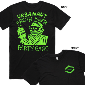 A picture of a black short-sleeved t-shirt with a neon green design on the back of a reaper drinking a beer and an inset picture of the front of the t-shirt with the Urbanaut logo as a small pocket-sized print on the left shoulder.